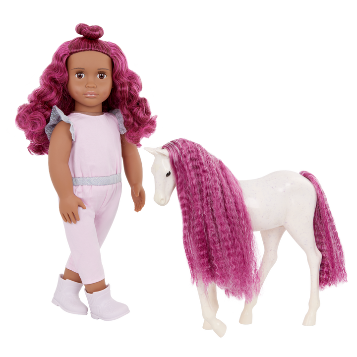 Estra & Delta - 46cm Doll & Pet Foal - Doll with Fuchsia Hair & Brown Eyes - Foal with Fuchsia Hair & Brush - Toys for Kids - Gifts for Girls - Our Generation UK