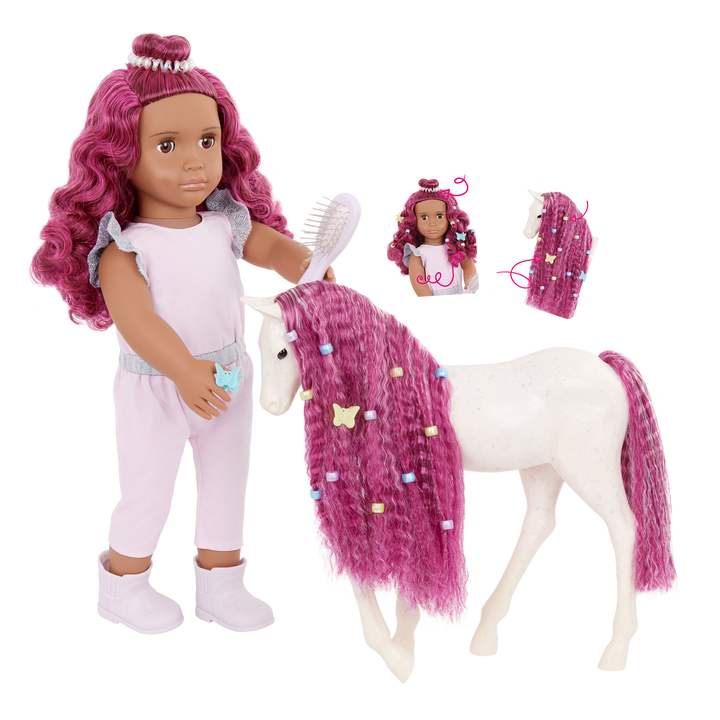 Estra & Delta - 46cm Doll & Pet Foal - Doll with Fuchsia Hair & Brown Eyes - Foal with Fuchsia Hair & Brush - Toys for Kids - Gifts for Girls - Our Generation UK