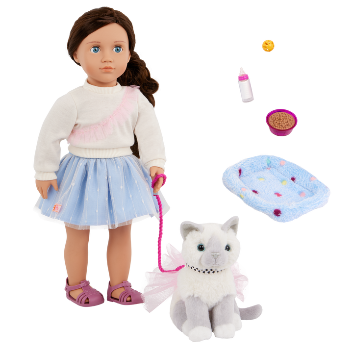 Mindy & Pepper - 46cm Doll & Pet Kitten - OG Doll with Blue Eyes & Brown Hair - Pet Accessories - Gifts for Kids - 3 Years + Our Generation