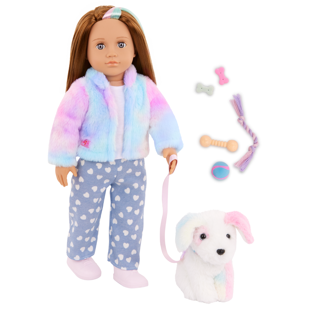 Skylar & Bow - 46cm Doll & Pet Puppy - OG Doll with Brown Hair & Violet Eyes - Pet Puppy with Colourful Fur - Toys & Gifts for Kids - Our Generation UK