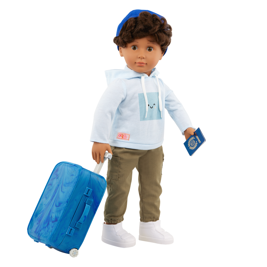 Milo - 46cm Boy Doll - Travel Doll with Blue Suitcase & Accesories- Boy Doll with Brown Hair & Eyes - Toys & Gifts for Kids - Our Generation