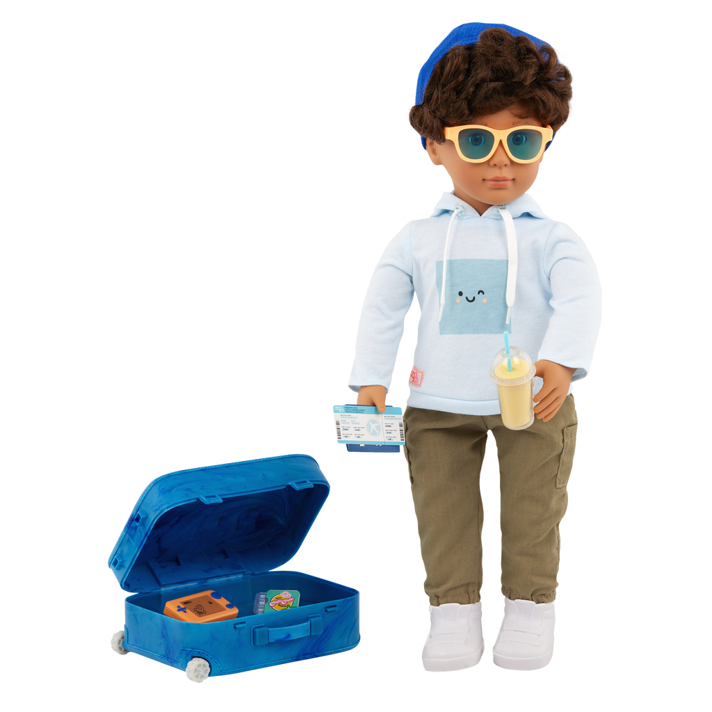 Milo - 46cm Boy Doll - Travel Doll with Blue Suitcase & Accesories- Boy Doll with Brown Hair & Eyes - Toys & Gifts for Kids - Our Generation