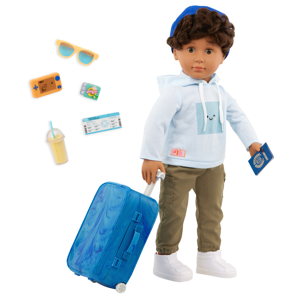 Milo - 46cm Boy Doll - Travel Doll with Blue Suitcase & Accesories- Boy Doll with Brown Hair & Eyes - Toys & Gifts for Kids - Our Generation