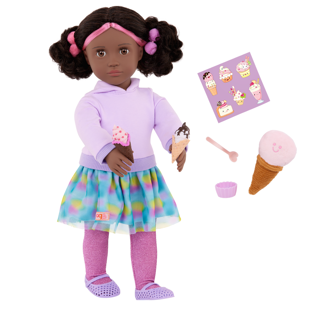 Ada - 46cm Ice Cream Activity Doll - OG Doll with Brown Eyes & Black Hair with Pink Highlight - Toys & Gifts for Kids - Our Generation