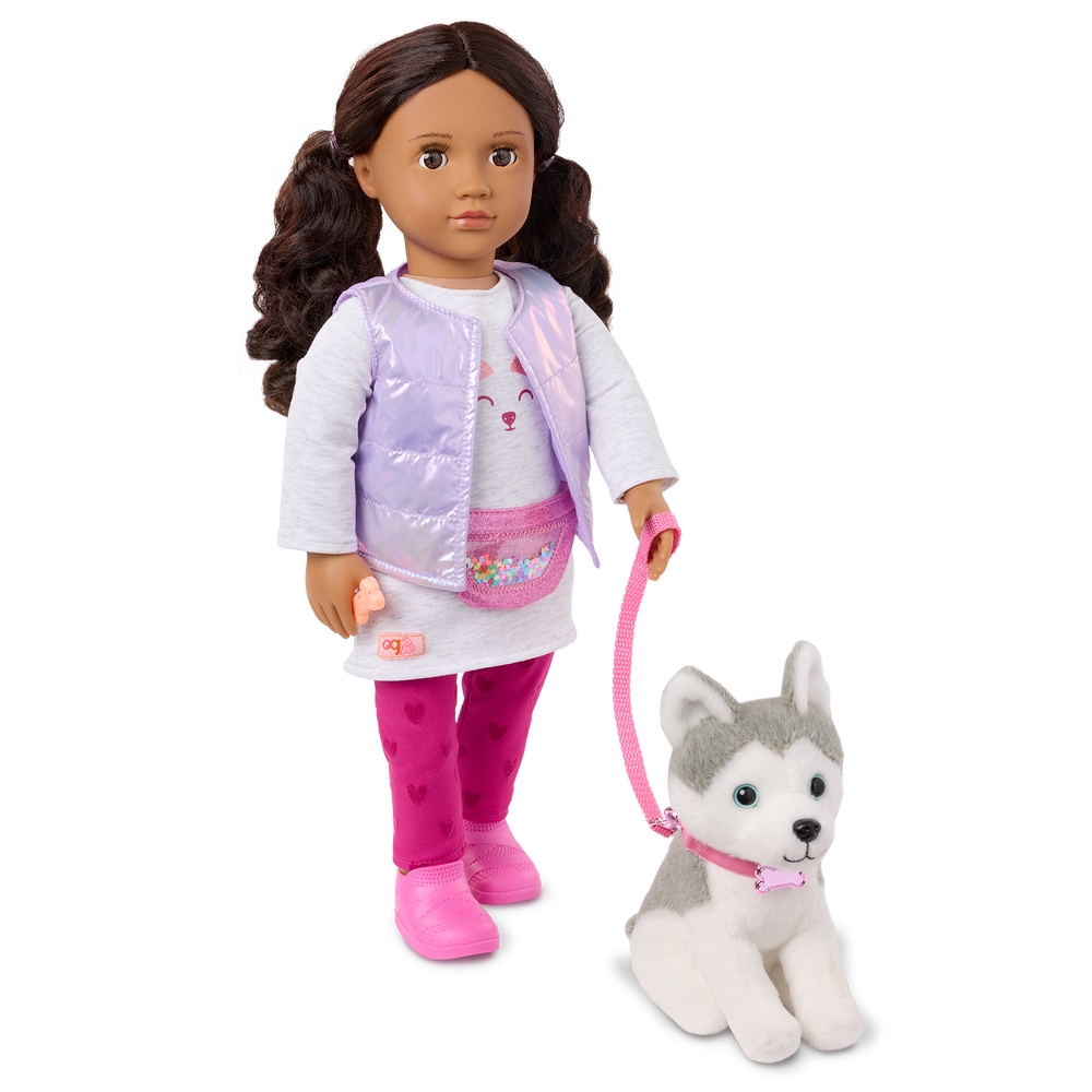 Estella & Evi - 46cm Doll & Pet Husky - Doll with Brown Hair & Eyes - 15cm Plush Husky with White & Grey Fur - Toys & Gifts for Kids - Our Generation