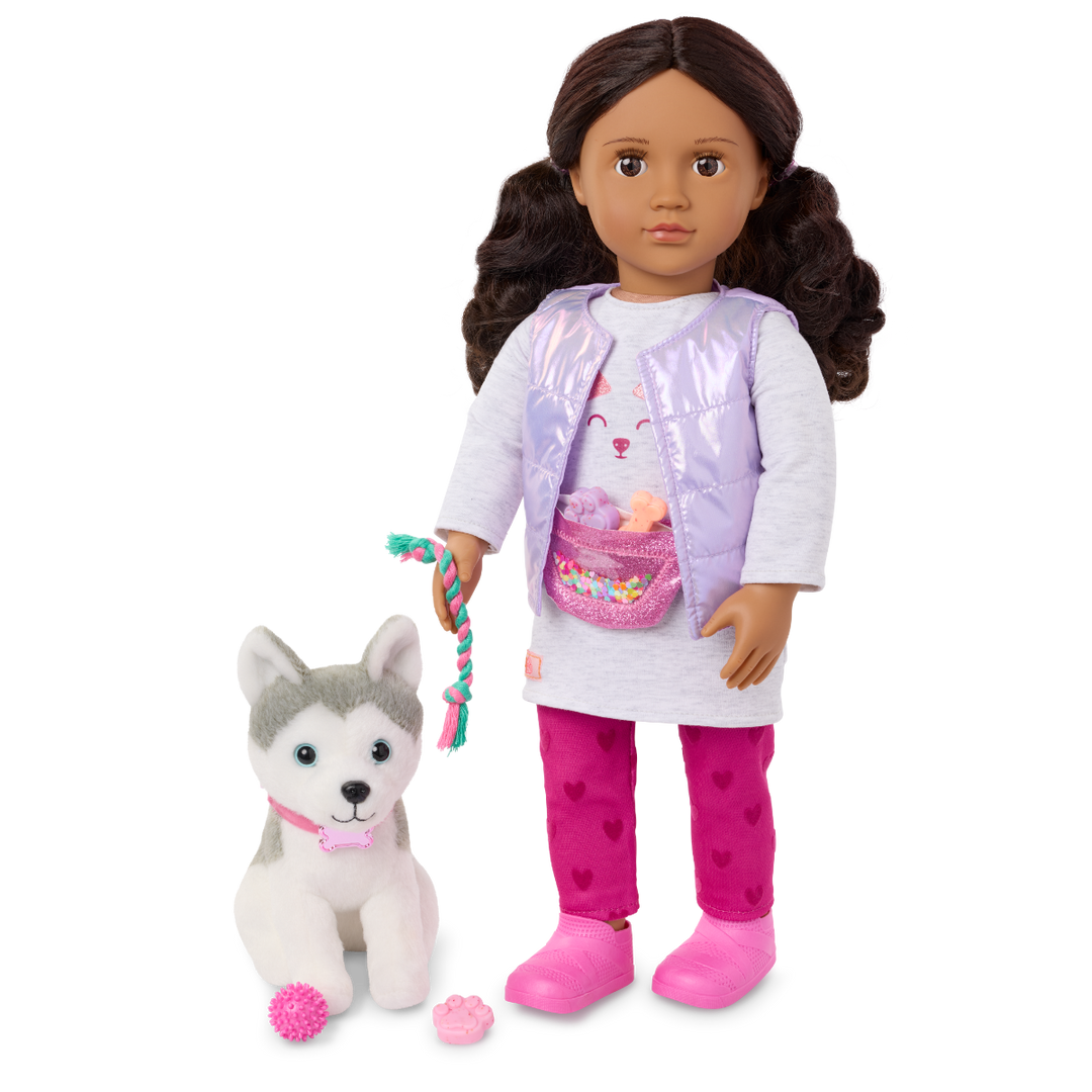 Estella & Evi - 46cm Doll & Pet Husky - Doll with Brown Hair & Eyes - 15cm Plush Husky with White & Grey Fur - Toys & Gifts for Kids - Our Generation