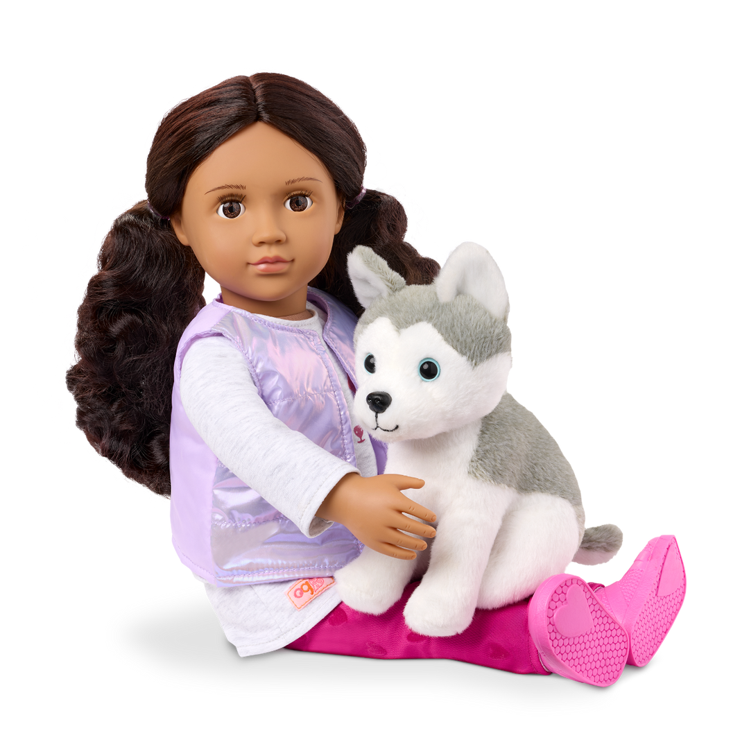 Estella & Evi - 46cm Doll & Pet Husky - Doll with Brown Hair & Eyes - 15cm Plush Husky with White & Grey Fur - Toys & Gifts for Kids - Our Generation