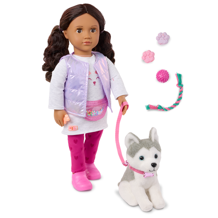 Estella & Evi - 46cm Doll & Pet Husky - Doll with Brown Hair & Eyes - 15cm Plush Husky with White & Grey Fur - Toys & Gifts for Kids - Our Generation