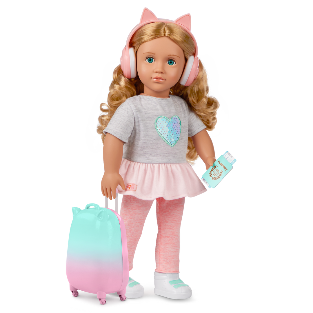 Linzi - 46cm Travel Doll & Accessories - OG Doll with Blue Eyes & Blonde Hair - Doll with Suitcase & Travel Accessories - Toys & Gifts for Kids Ages 3 to 12 Years - Our Generation