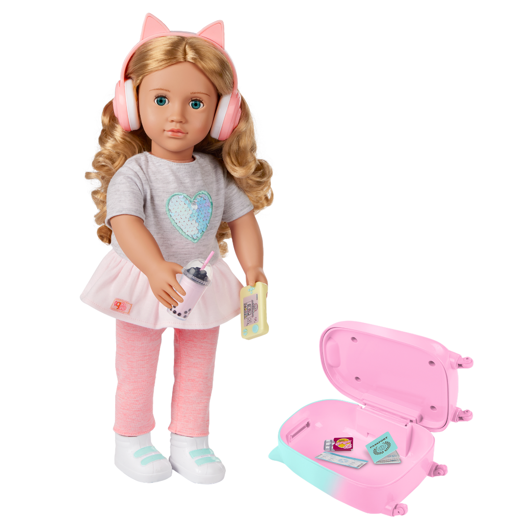 Linzi - 46cm Travel Doll & Accessories - OG Doll with Blue Eyes & Blonde Hair - Doll with Suitcase & Travel Accessories - Toys & Gifts for Kids Ages 3 to 12 Years - Our Generation