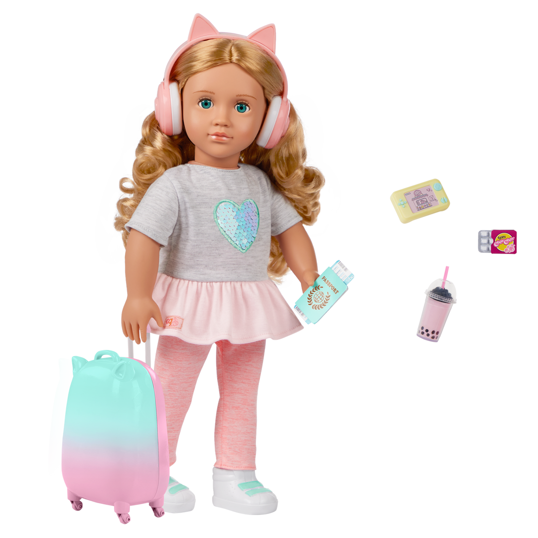 Linzi - 46cm Travel Doll & Accessories - OG Doll with Blue Eyes & Blonde Hair - Doll with Suitcase & Travel Accessories - Toys & Gifts for Kids Ages 3 to 12 Years - Our Generation