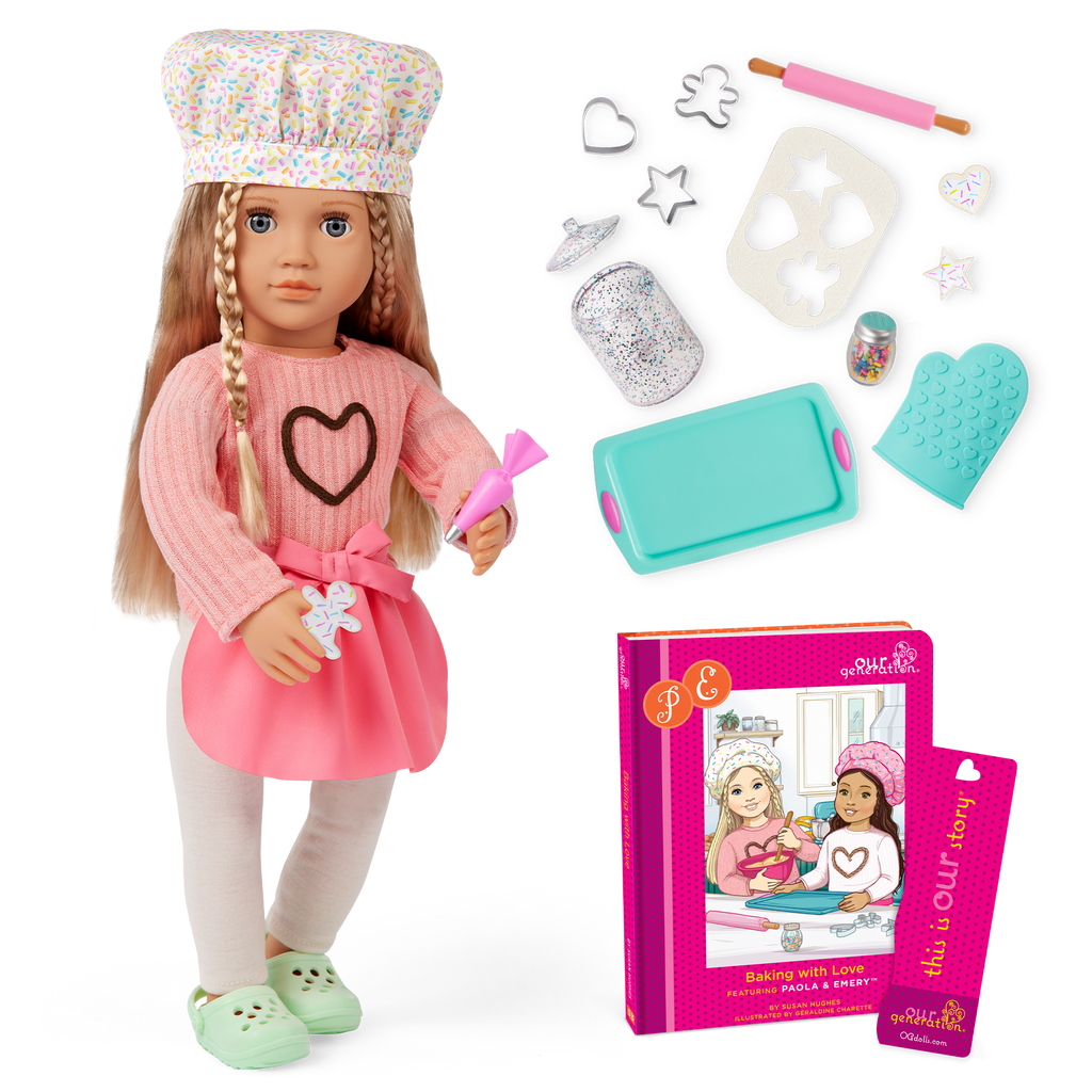 Emery - 46cm Baking Doll & Book - Posable Doll with Blonde Hair- Baking Accessories for Dolls - Chapter Story Book - Gifts for Ages 3 Years + - Our Generation UK