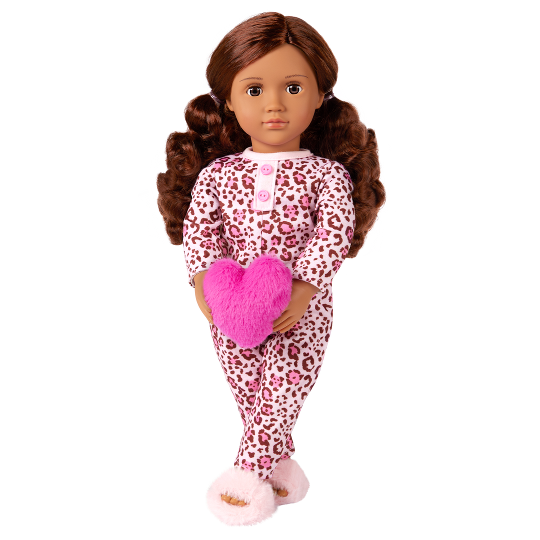 Gracia - 46cm Sleepover Doll - OG Doll with Brown Hair & Eyes - Pink Onesies Pyjama - Toys & Gifts for Kids - Our Generation