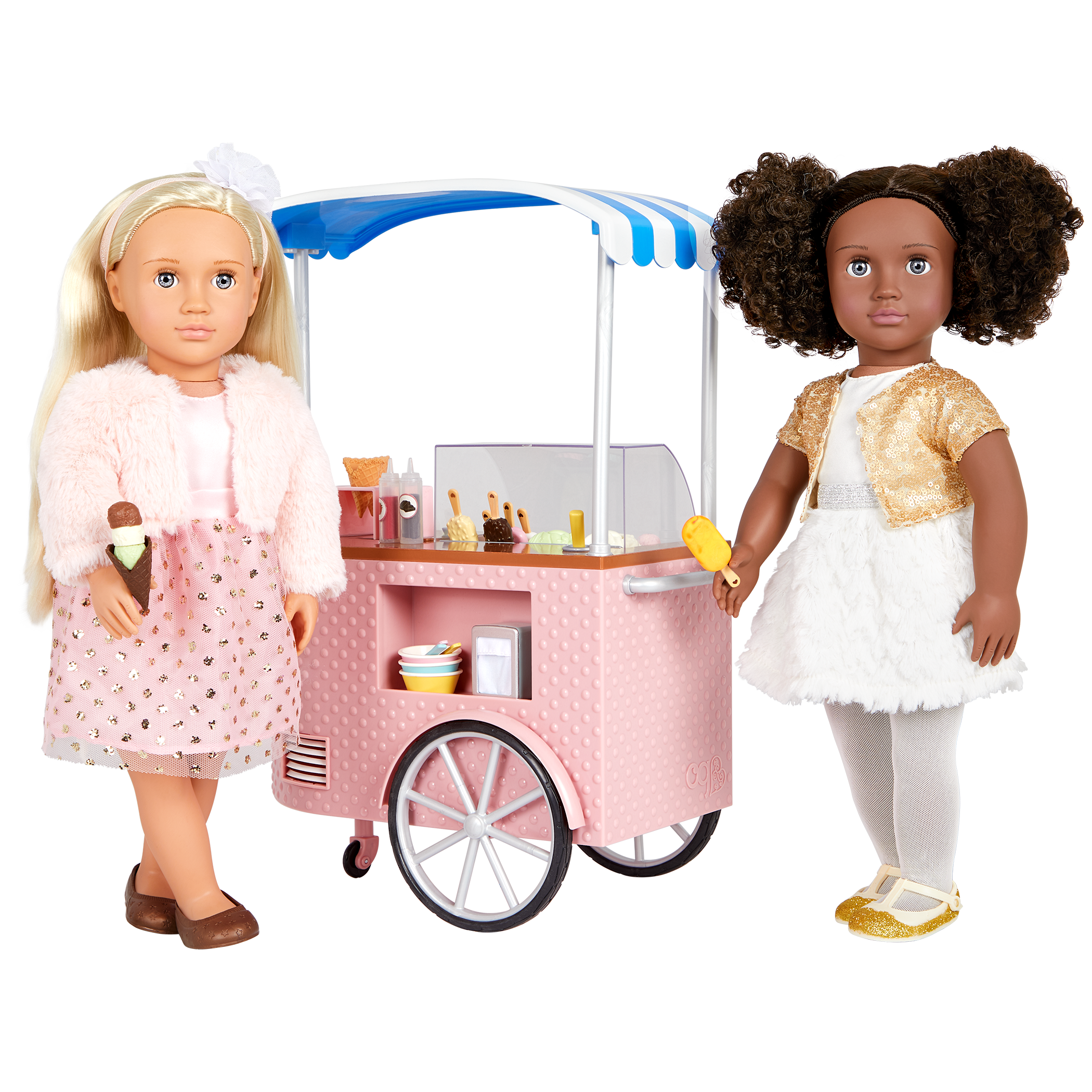 Two Scoops Ice Cream Cart - Pink Ice Cream Cart with Food Accessories - Playsets for Dolls - Our Generation UK