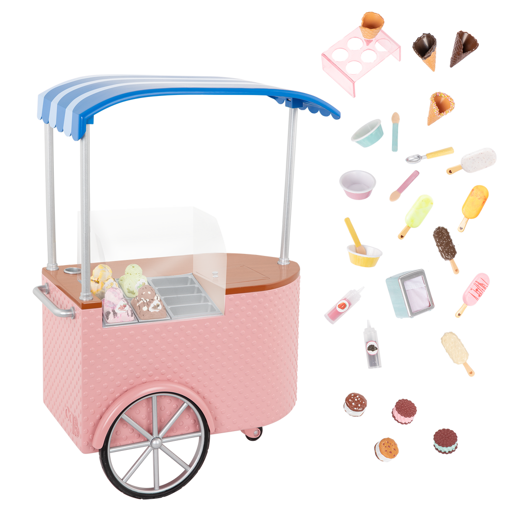 Two Scoops Ice Cream Cart - Pink Ice Cream Cart with Food Accessories - Playsets for Dolls - Our Generation UK
