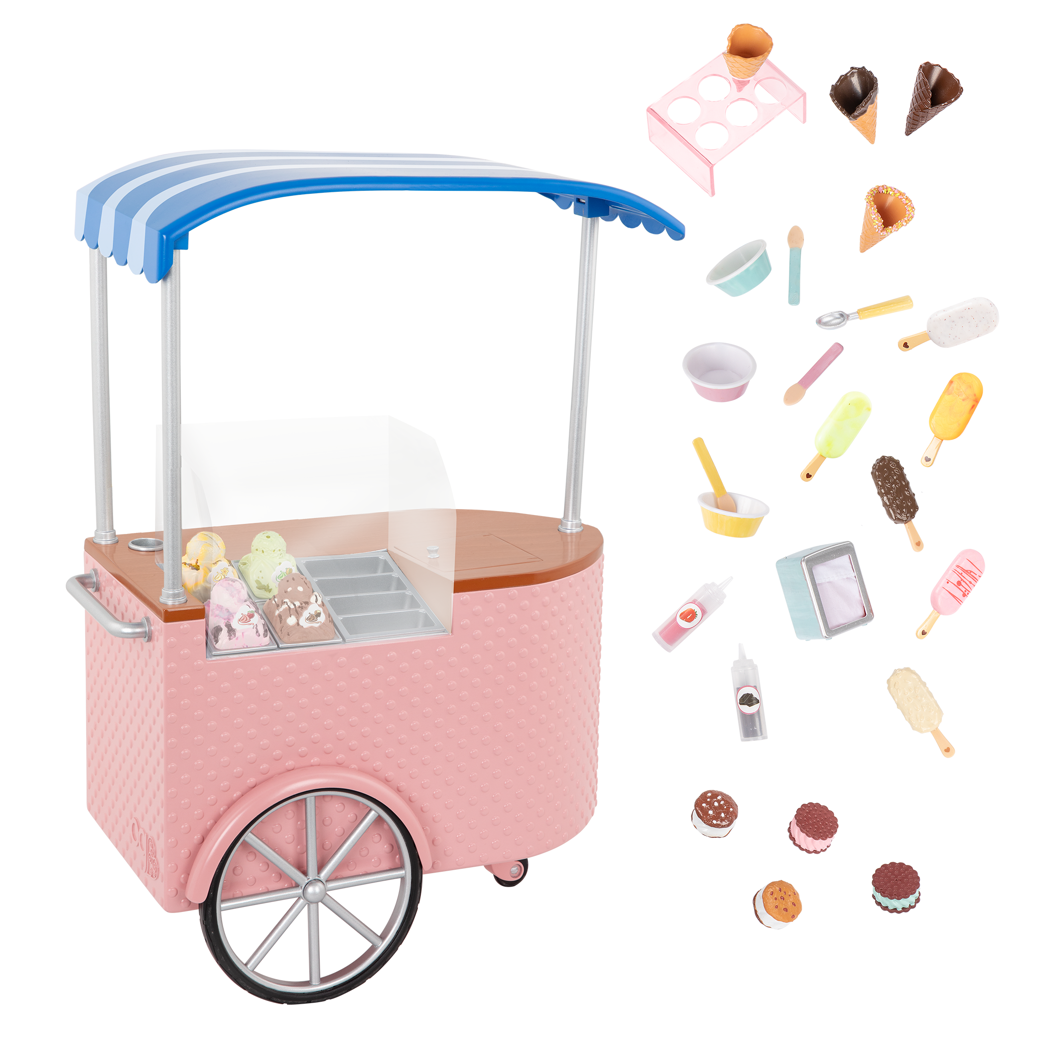 Two Scoops Ice Cream Cart - Pink Ice Cream Cart with Food Accessories - Playsets for Dolls - Our Generation UK