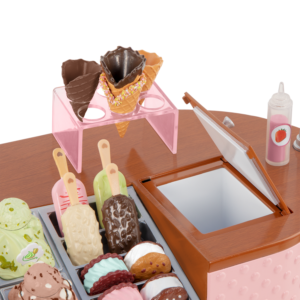 Two Scoops Ice Cream Cart - Pink Ice Cream Cart with Food Accessories - Playsets for Dolls - Our Generation UK