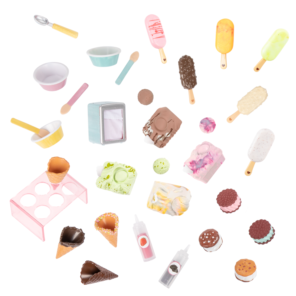 Two Scoops Ice Cream Cart - Pink Ice Cream Cart with Food Accessories - Playsets for Dolls - Our Generation UK