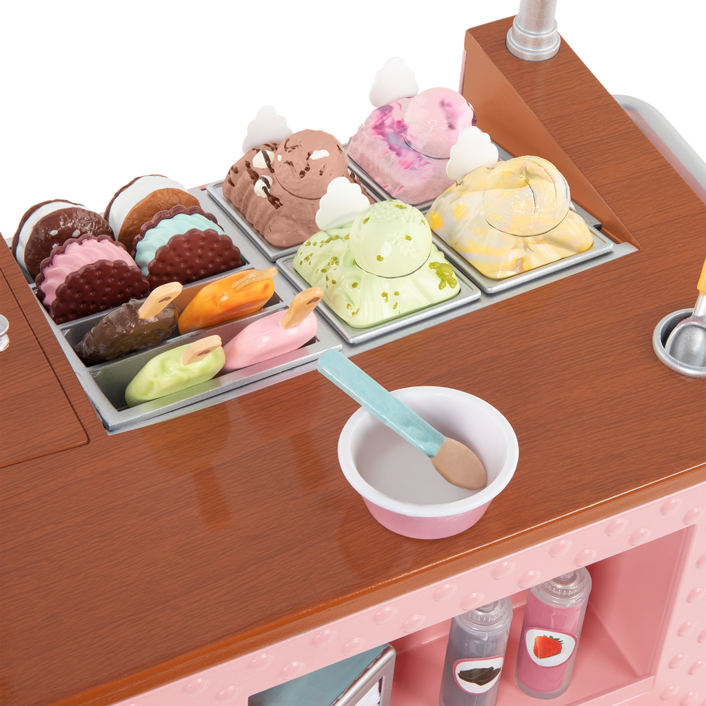 Two Scoops Ice Cream Cart - Pink Ice Cream Cart with Food Accessories - Playsets for Dolls - Our Generation UK