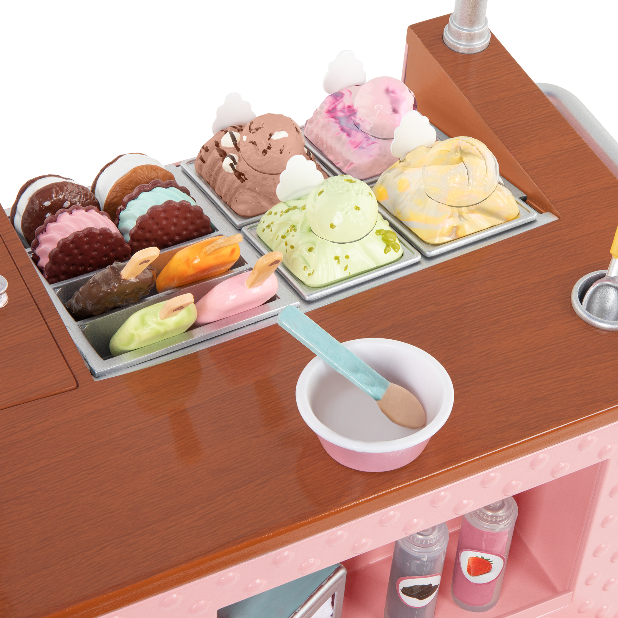Two Scoops Ice Cream Cart - Pink Ice Cream Cart with Food Accessories - Playsets for Dolls - Our Generation UK