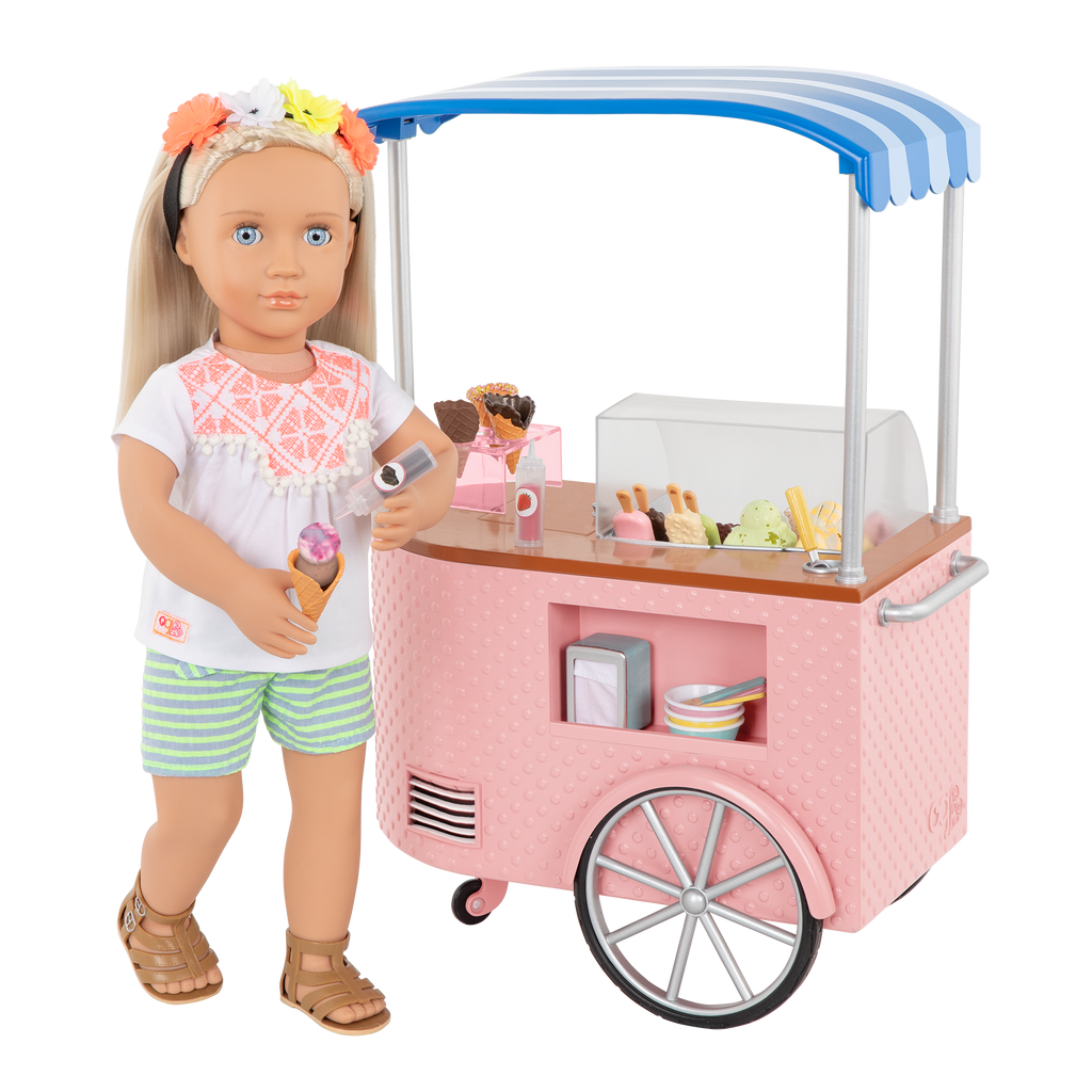 Two Scoops Ice Cream Cart - Pink Ice Cream Cart with Food Accessories - Playsets for Dolls - Our Generation UK