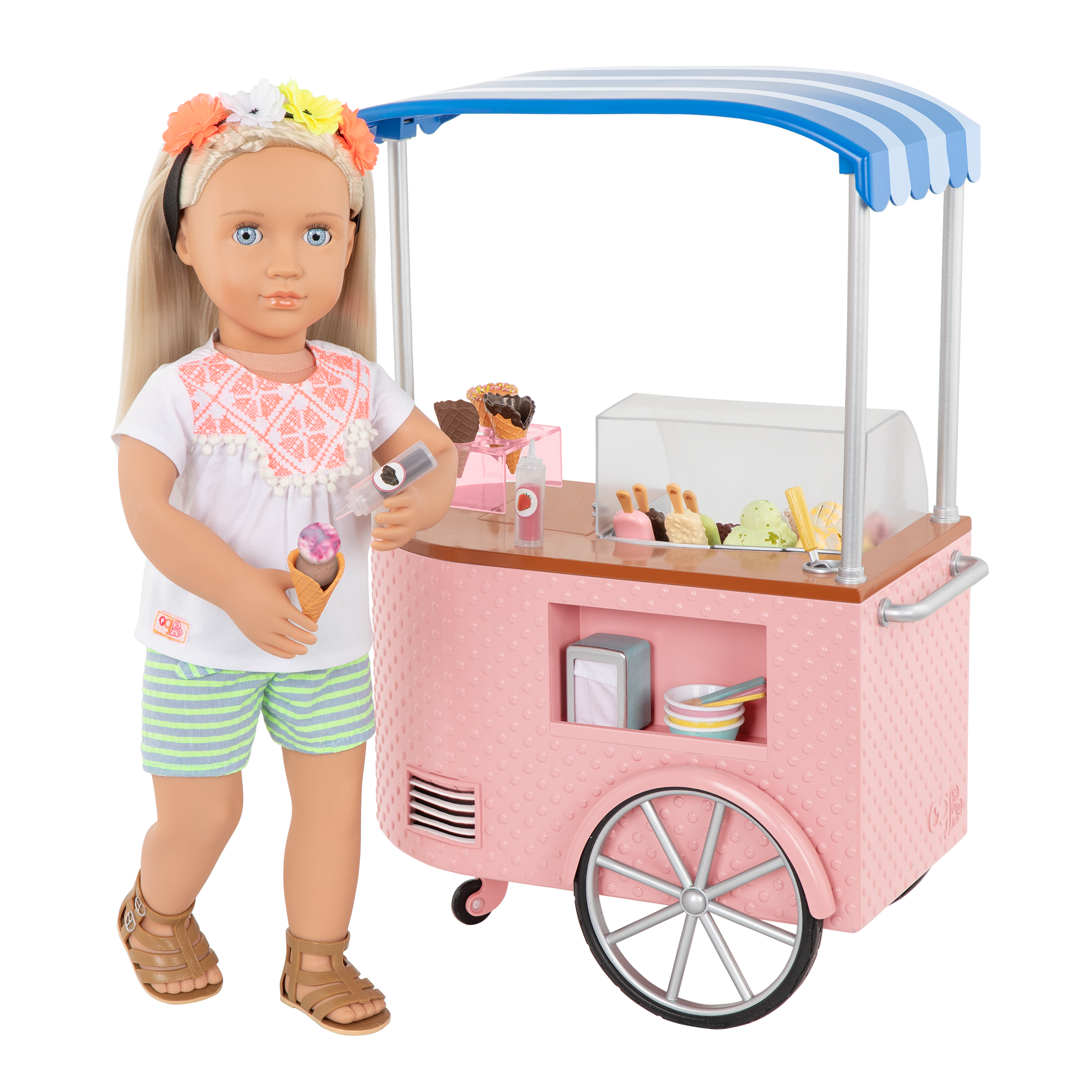 Two Scoops Ice Cream Cart - Pink Ice Cream Cart with Food Accessories - Playsets for Dolls - Our Generation UK