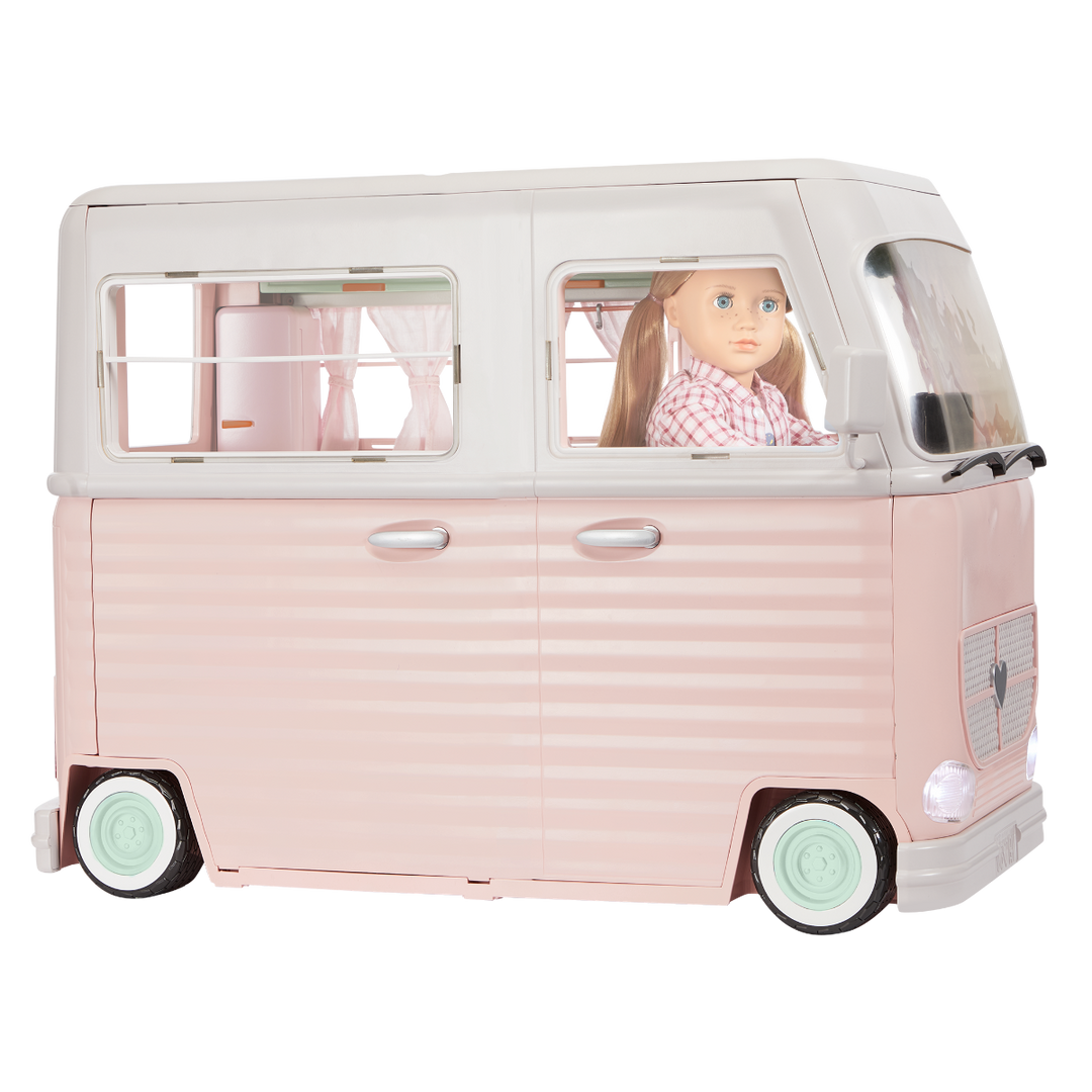 RV Country Cruising Camper - Pink Camper for 46cm Dolls - Functioning Lights, Sounds & Wipers - Food Accessories - Vehicles for Dolls - Our Generation