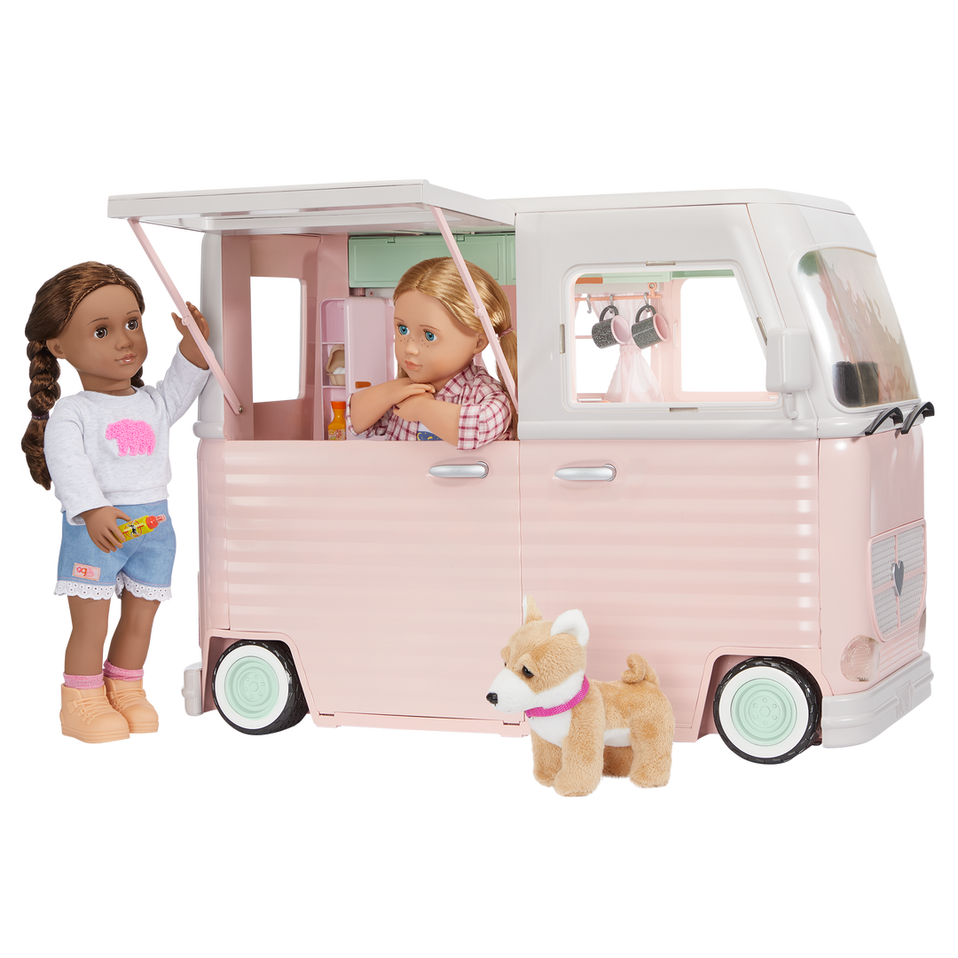 RV Country Cruising Camper - Pink Camper for 46cm Dolls - Functioning Lights, Sounds & Wipers - Food Accessories - Vehicles for Dolls - Our Generation