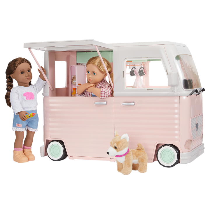 RV Country Cruising Camper - Pink Camper for 46cm Dolls - Functioning Lights, Sounds & Wipers - Food Accessories - Vehicles for Dolls - Our Generation