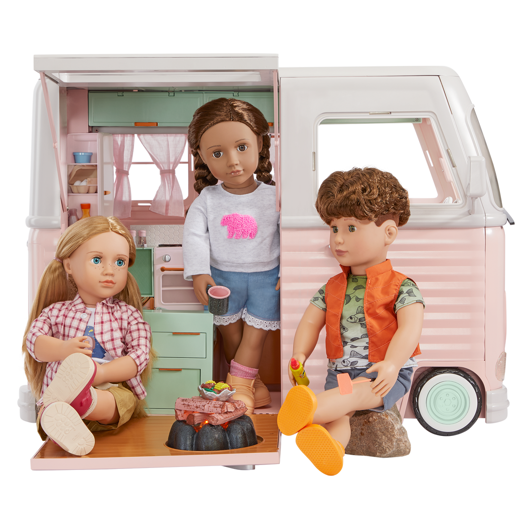 RV Country Cruising Camper - Pink Camper for 46cm Dolls - Functioning Lights, Sounds & Wipers - Food Accessories - Vehicles for Dolls - Our Generation