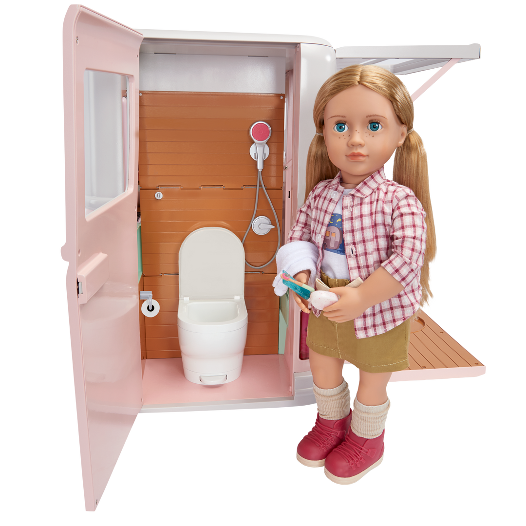 RV Country Cruising Camper - Pink Camper for 46cm Dolls - Functioning Lights, Sounds & Wipers - Food Accessories - Vehicles for Dolls - Our Generation