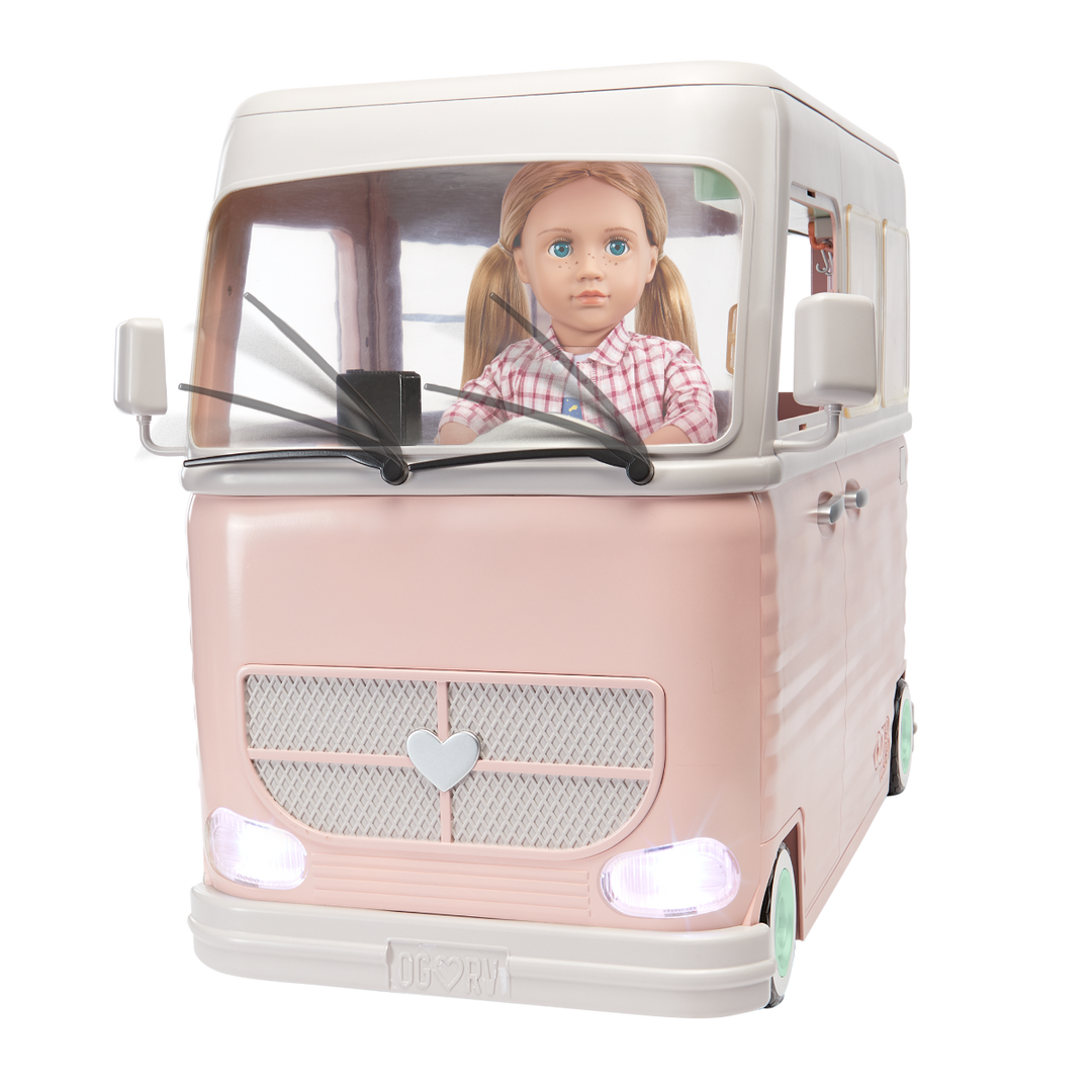 RV Country Cruising Camper - Pink Camper for 46cm Dolls - Functioning Lights, Sounds & Wipers - Food Accessories - Vehicles for Dolls - Our Generation