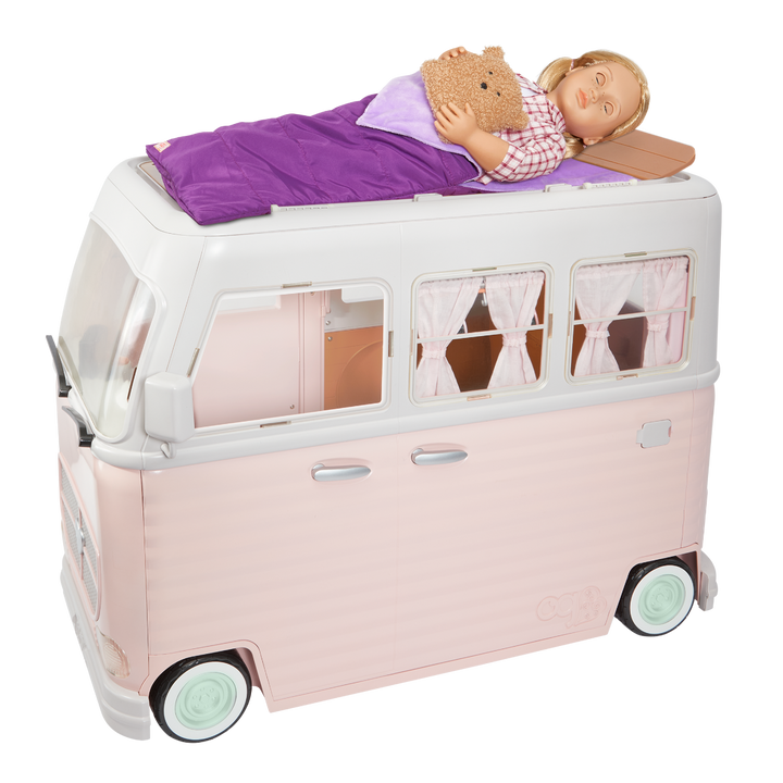 RV Country Cruising Camper - Pink Camper for 46cm Dolls - Functioning Lights, Sounds & Wipers - Food Accessories - Vehicles for Dolls - Our Generation
