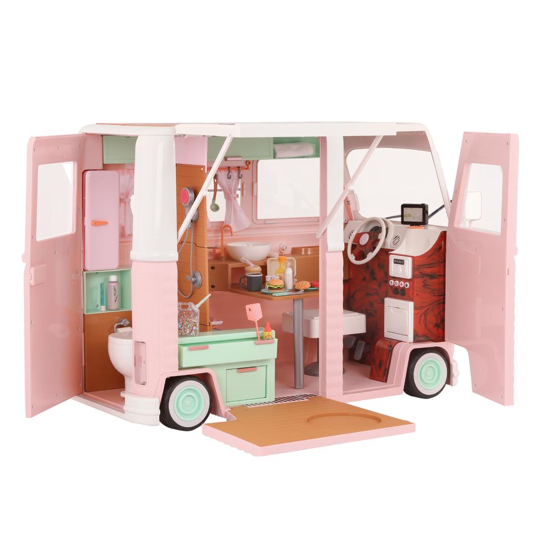 RV Country Cruising Camper - Pink Camper for 46cm Dolls - Functioning Lights, Sounds & Wipers - Food Accessories - Vehicles for Dolls - Our Generation