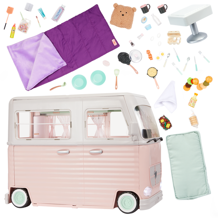RV Country Cruising Camper - Pink Camper for 46cm Dolls - Functioning Lights, Sounds & Wipers - Food Accessories - Vehicles for Dolls - Our Generation