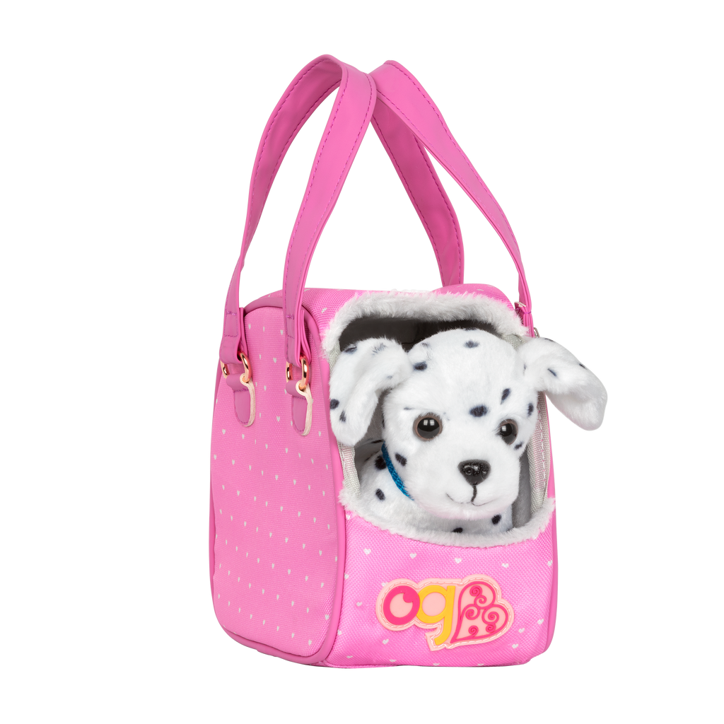 Hop in Dog Carrier with Dalmatian - 15cm Plush Puppy with Pink Carrier & Accessories - Doll Accessory - Our Generation UK