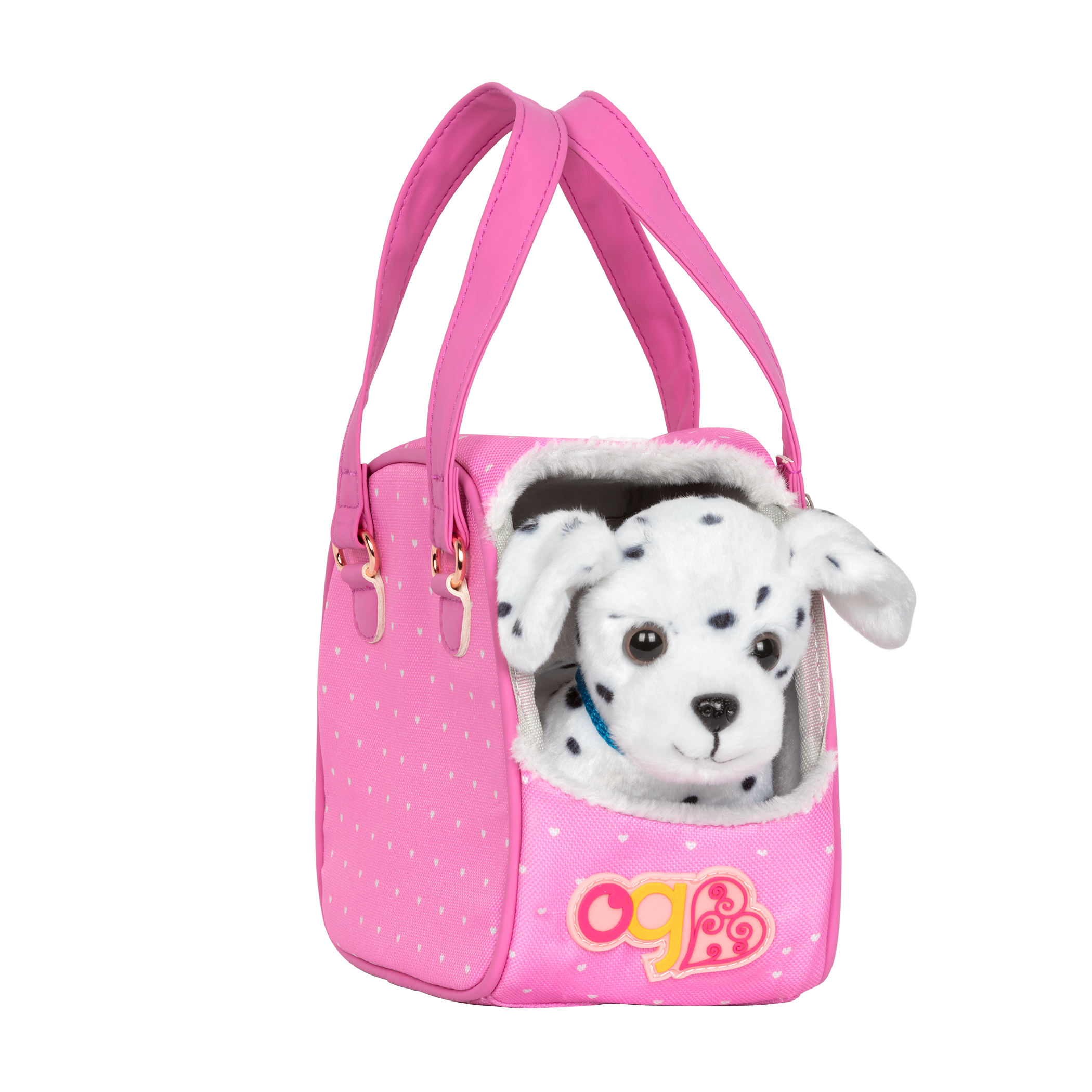 Hop in Dog Carrier with Dalmatian - 15cm Plush Puppy with Pink Carrier & Accessories - Doll Accessory - Our Generation UK