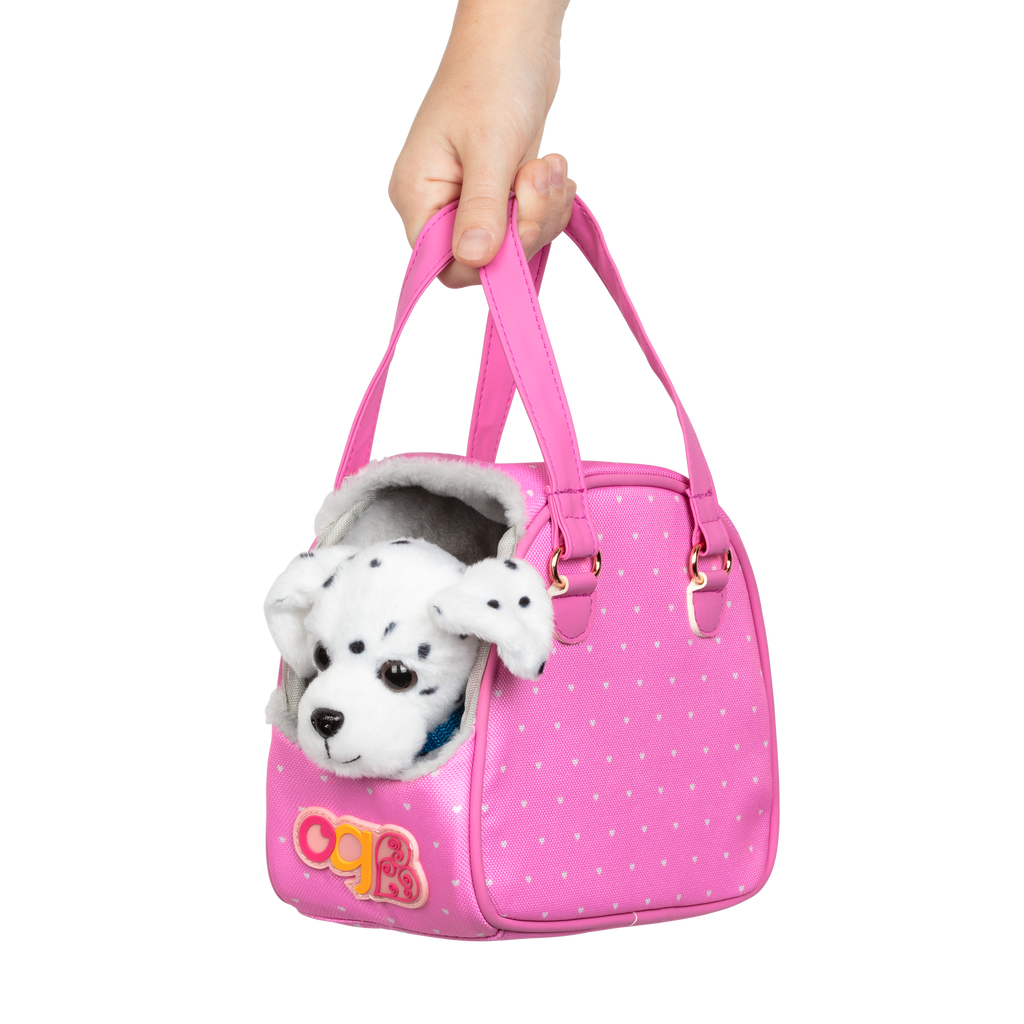 Hop in Dog Carrier with Dalmatian - 15cm Plush Puppy with Pink Carrier & Accessories - Doll Accessory - Our Generation UK