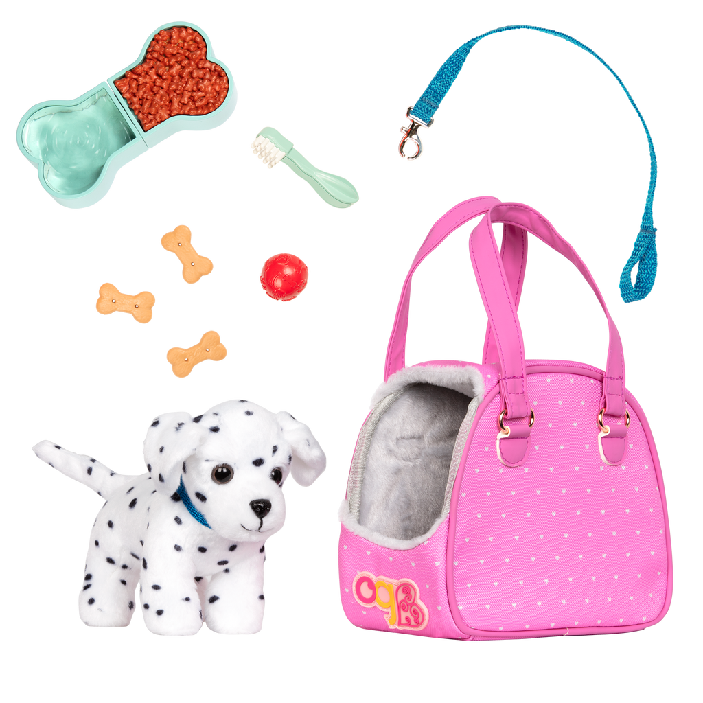 Hop in Dog Carrier with Dalmatian - 15cm Plush Puppy with Pink Carrier & Accessories - Doll Accessory - Our Generation UK