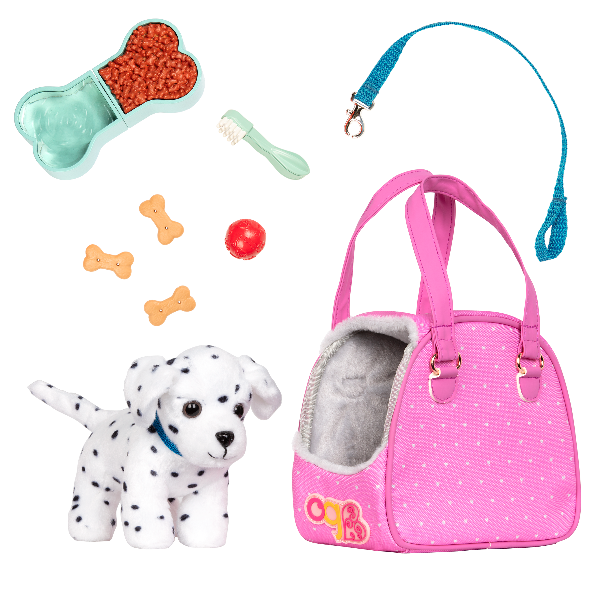 Hop in Dog Carrier with Dalmatian - 15cm Plush Puppy with Pink Carrier & Accessories - Doll Accessory - Our Generation UK