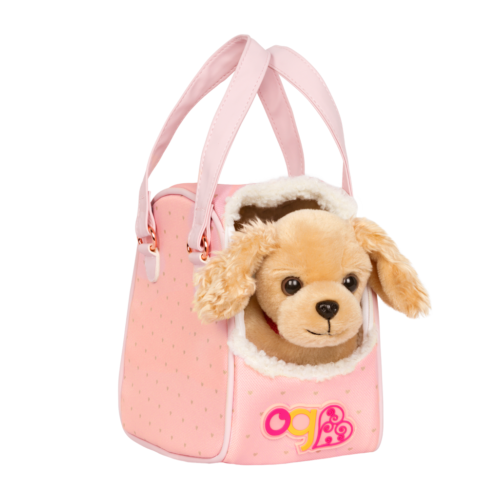 Hop in Dog Carrier with Cocker Spaniel - 15cm Plush Pup Pink Carrier & Accessories - Accessory for Dolls - Our Generation