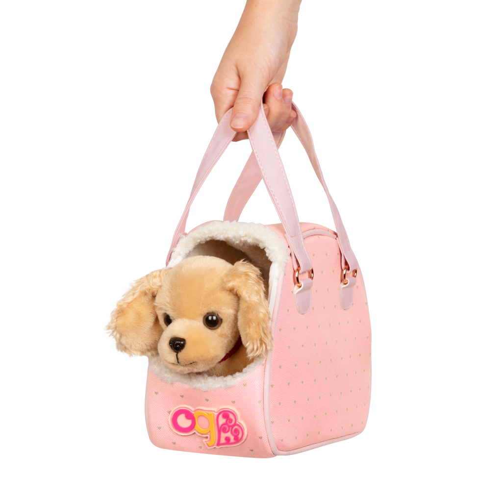 Hop in Dog Carrier with Cocker Spaniel - 15cm Plush Pup Pink Carrier & Accessories - Accessory for Dolls - Our Generation