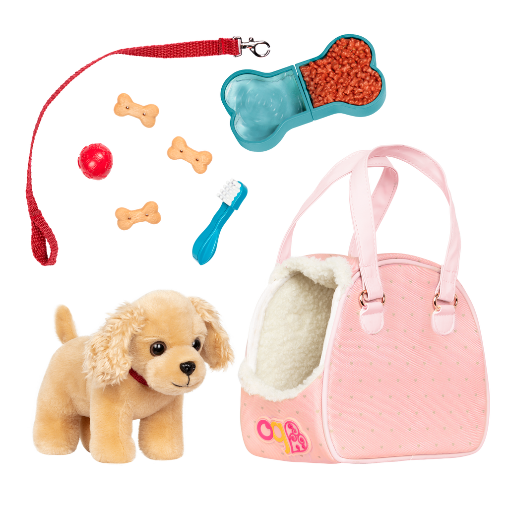 Hop in Dog Carrier with Cocker Spaniel - 15cm Plush Pup Pink Carrier & Accessories - Accessory for Dolls - Our Generation