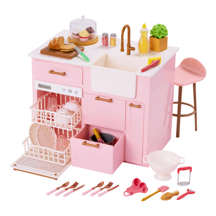 OG Cooking Island - Pink Cooking Island & Bar Stool - Food & Cooking Accessories for Dolls - Doll Furniture - Furniture for Dollhouse - Dollhouse Kitchen - Our Generation