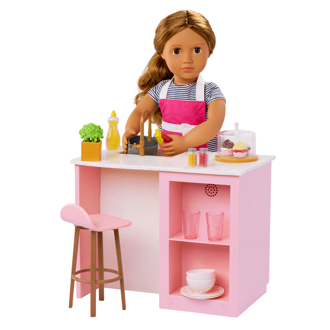 OG Cooking Island - Pink Cooking Island & Bar Stool - Food & Cooking Accessories for Dolls - Doll Furniture - Furniture for Dollhouse - Dollhouse Kitchen - Our Generation