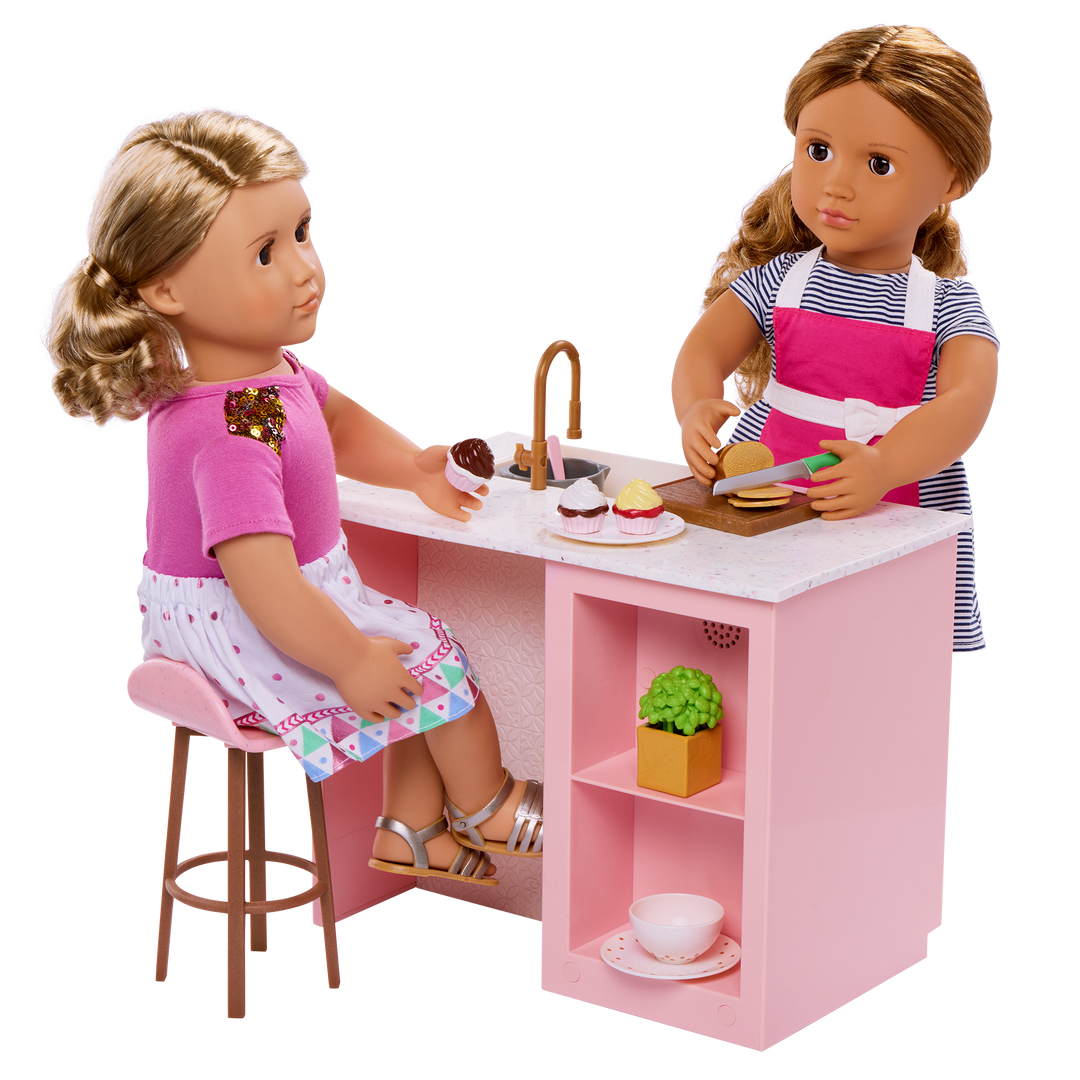 OG Cooking Island - Pink Cooking Island & Bar Stool - Food & Cooking Accessories for Dolls - Doll Furniture - Furniture for Dollhouse - Dollhouse Kitchen - Our Generation