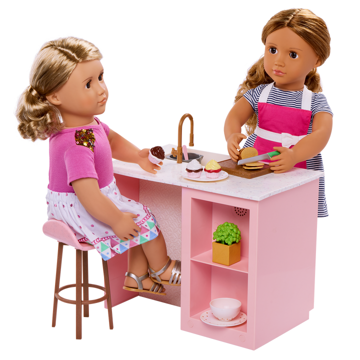 OG Cooking Island - Pink Cooking Island & Bar Stool - Food & Cooking Accessories for Dolls - Doll Furniture - Furniture for Dollhouse - Dollhouse Kitchen - Our Generation