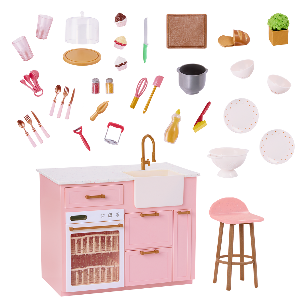 OG Cooking Island - Pink Cooking Island & Bar Stool - Food & Cooking Accessories for Dolls - Doll Furniture - Furniture for Dollhouse - Dollhouse Kitchen - Our Generation