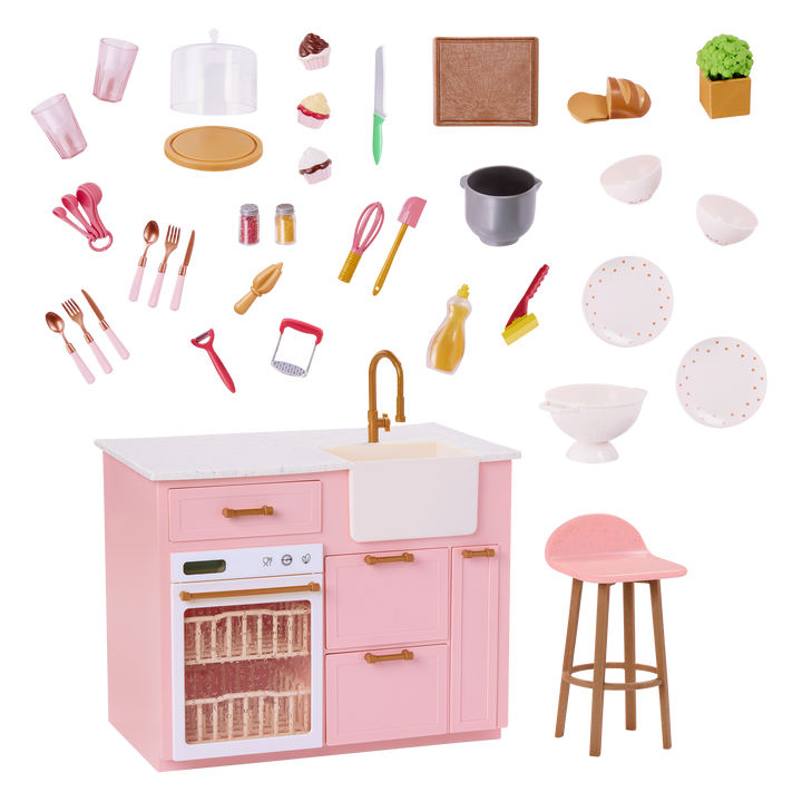 OG Cooking Island - Pink Cooking Island & Bar Stool - Food & Cooking Accessories for Dolls - Doll Furniture - Furniture for Dollhouse - Dollhouse Kitchen - Our Generation