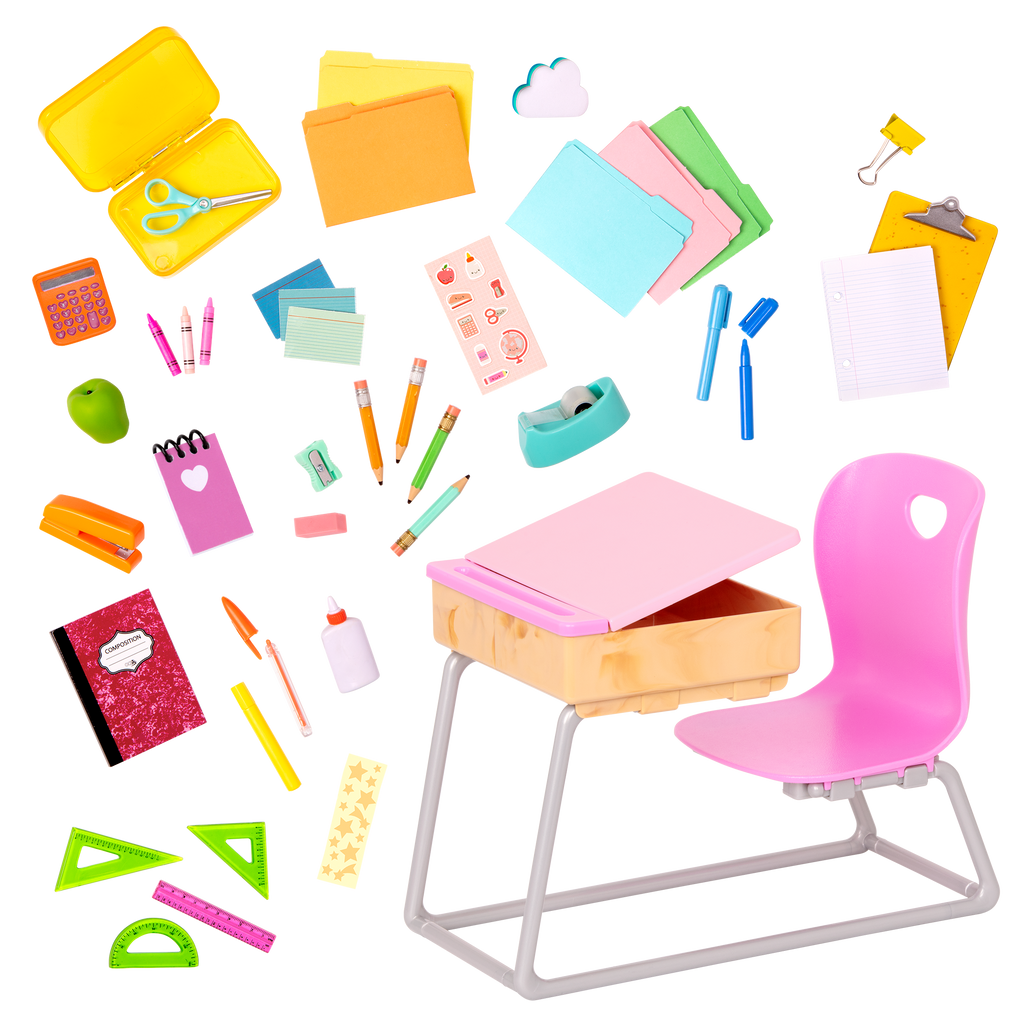 Flying Colours - School Desk for 46cm Dolls - Desk with School Accessories - Our Generation UK